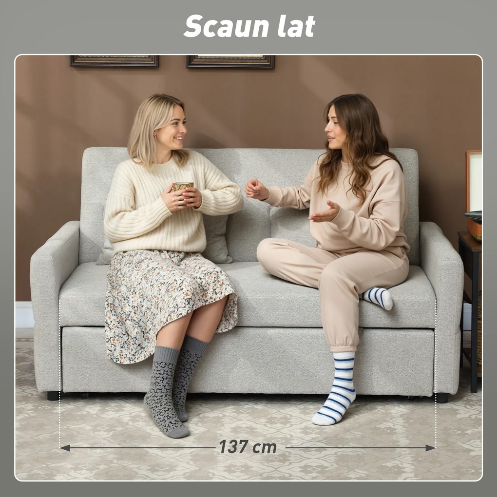 HOMCOM Canapea Pat cu Design Extensibil Clic Clac pentru 2 Locuri - Gri Deschis | Aosom Romania