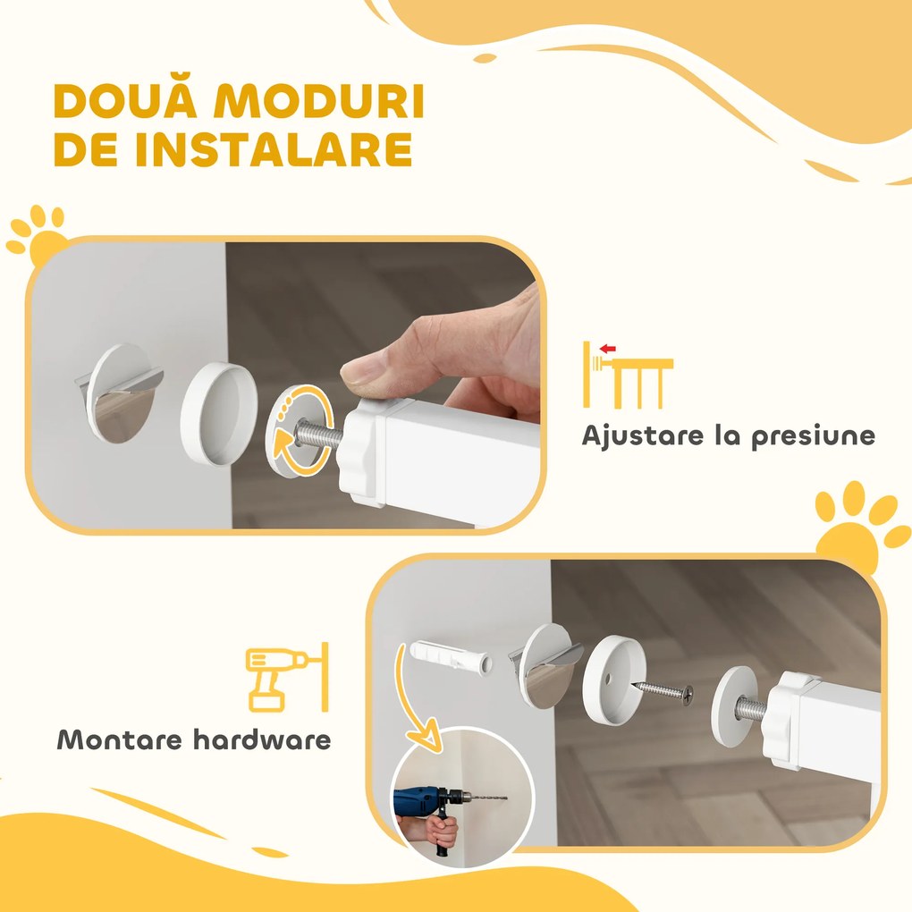 PawHut Ușă de Siguranță pentru Câini de Interior cu 2 Extensii și Ușiță pentru Pisici, 76-104x77 cm, Alb | Aosom Romania