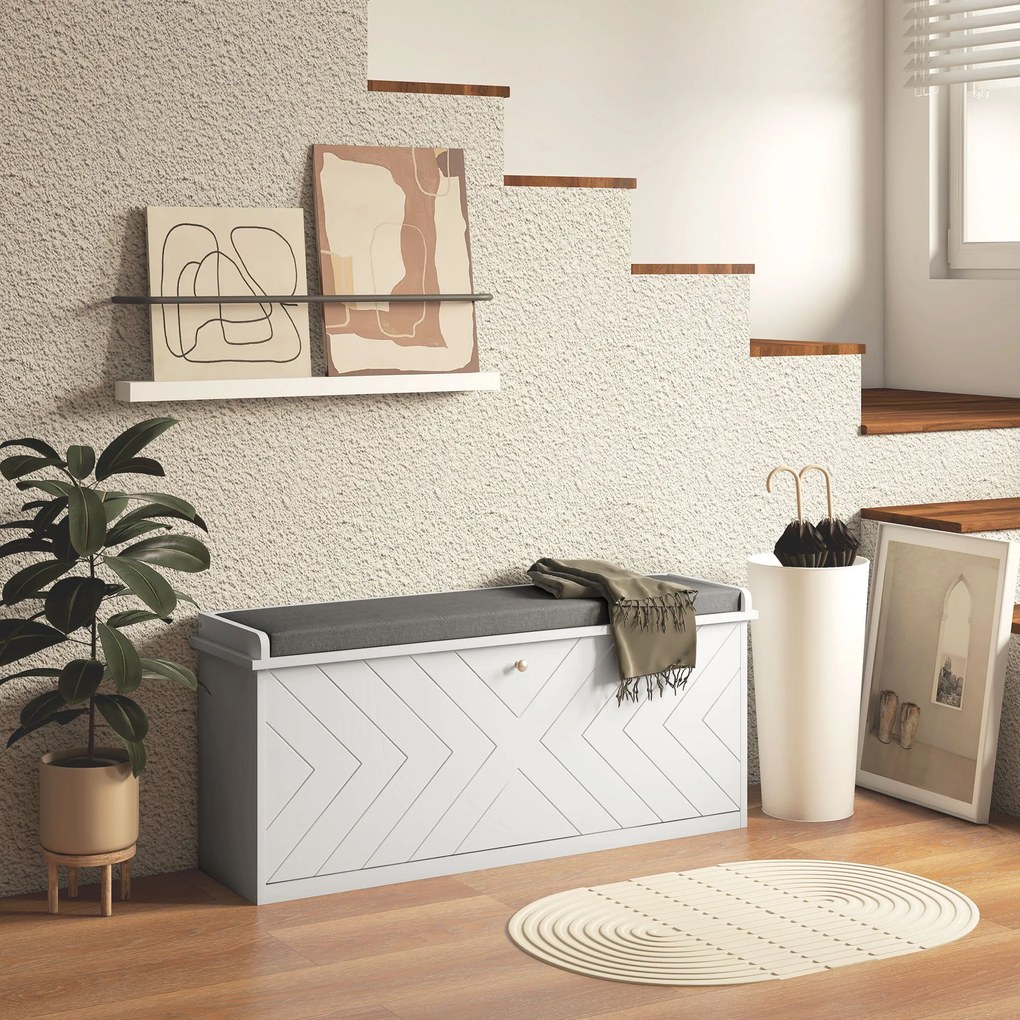 HOMCOM Banc pentru pantofi cu sertar rabatabil, pernă pentru așezare și raft reglabil, 100 x 26 x 44,5 cm, alb | Aosom Romania
