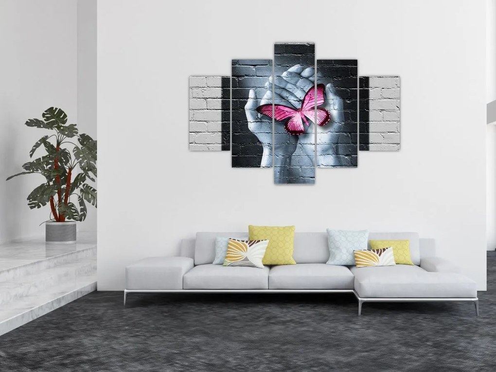 Tablou - Fluture roz în perete (150x105 cm)