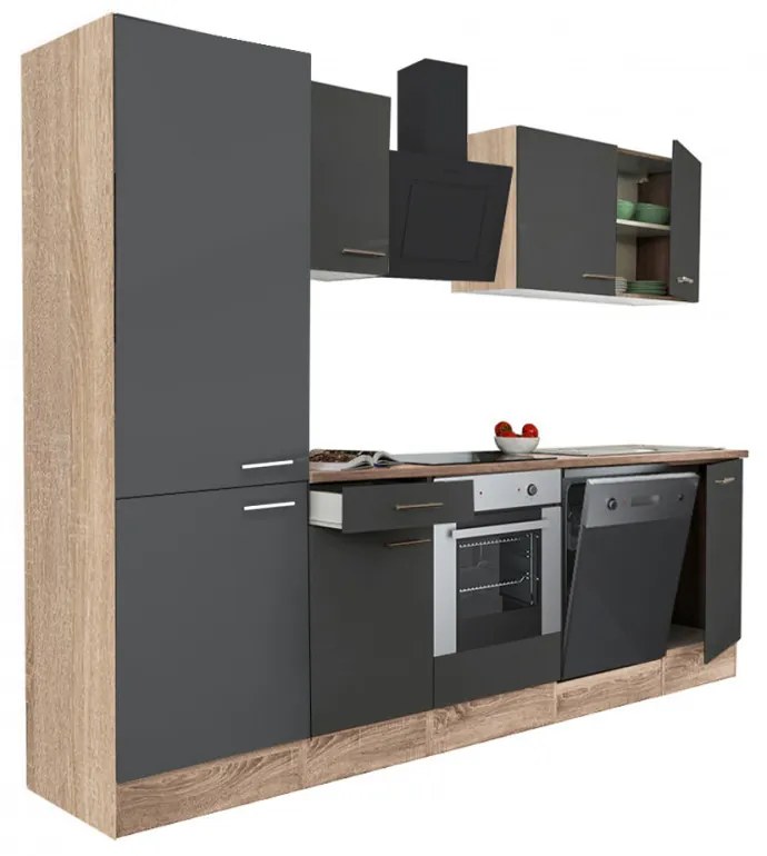 Mobilă de bucătărie Yorki 280, corp din stejar sonoma, față antracit satinat, element cuptor inferior, dulap raft