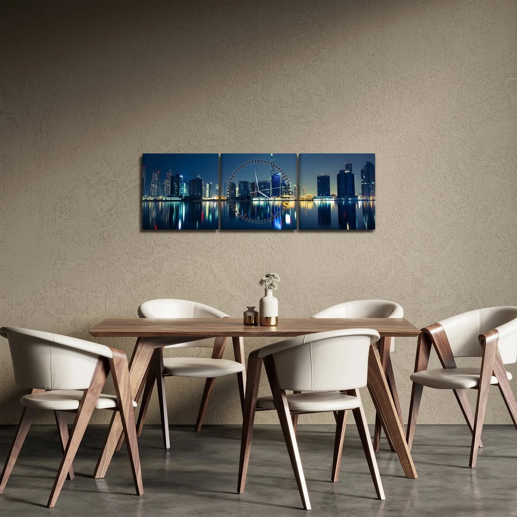 Tablou cu orașul nocturn (cu ceas) (90x30 cm)