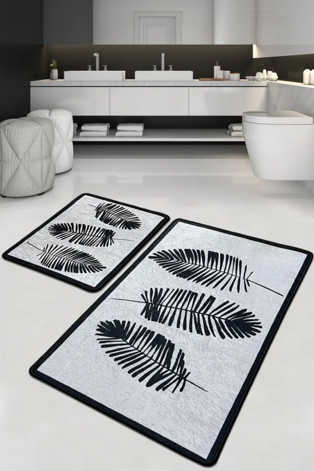 Set 2 Covorase de Baie Hoja Djt, Poliester, Negru / Alb