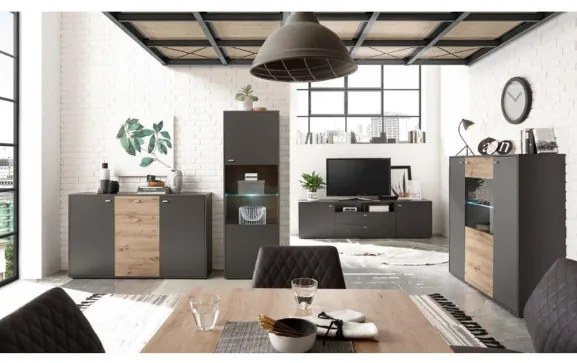 Bufet Cleveland 3U 1S, Gri + Stejar Artisan, 150 x 92 x 38 Cm