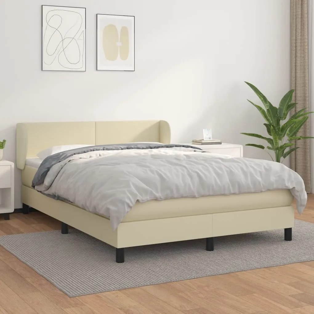 vidaXL Pat box spring cu saltea, crem, 140x190 cm, piele ecologică