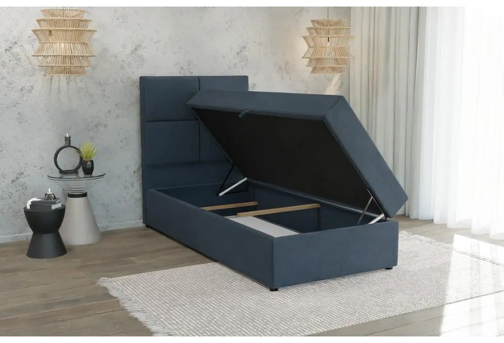 Pat albastru închis tapițat cu spațiu de depozitare cu somieră 80x200 cm Lena – Ropez