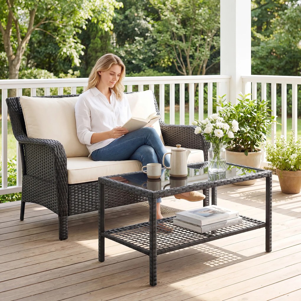 Outsunny Măsuță de Cafea din Ratan pe 2 Niveluri cu Raft, Blat din Sticlă Securizată, Măsuță de Exterior cu Cadru din Oțel, 92x50x45 cm, Negru | Aosom Romania