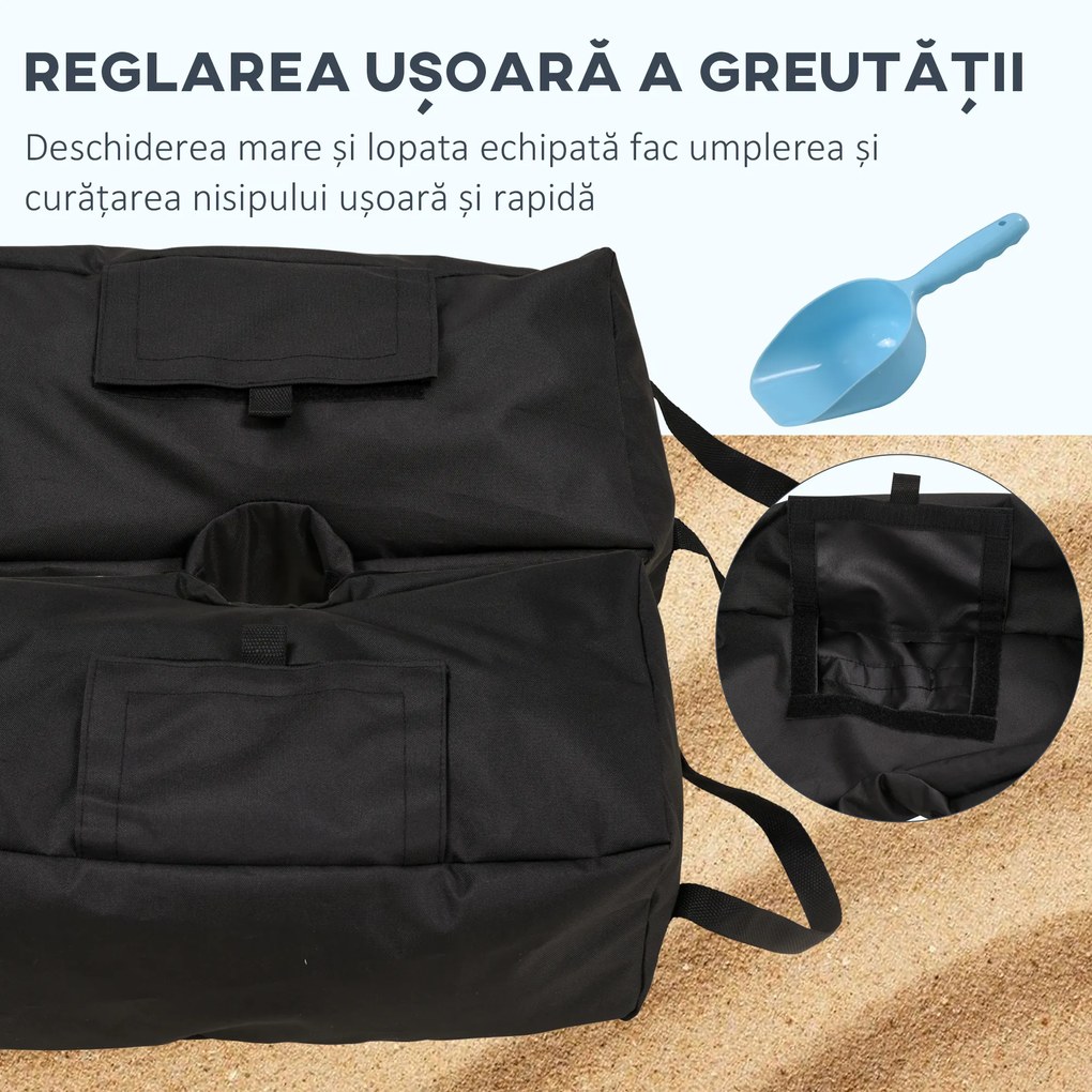 Outsunny Set 2 Baze pentru Umbrelă cu Sac Reîncărcabil cu 50 kg de Nisip, Mânere și Lopată, 50x25x18 cm, Negru | Aosom Romania