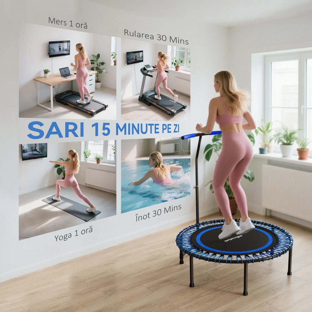 SPORTNOW Trambulină Fitness Ø114cm cu Mâner Reglabil 5 Poziții Capacitate 150kg Albastru | Aosom Romania
