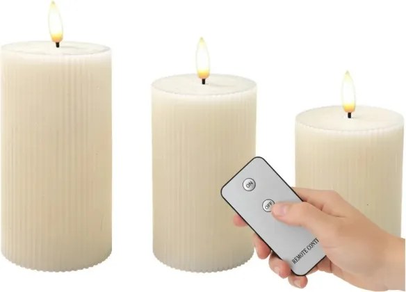 Set 3 lumânări LED BRILLO, crem, cu telecomandă, alimentare 3x AAA