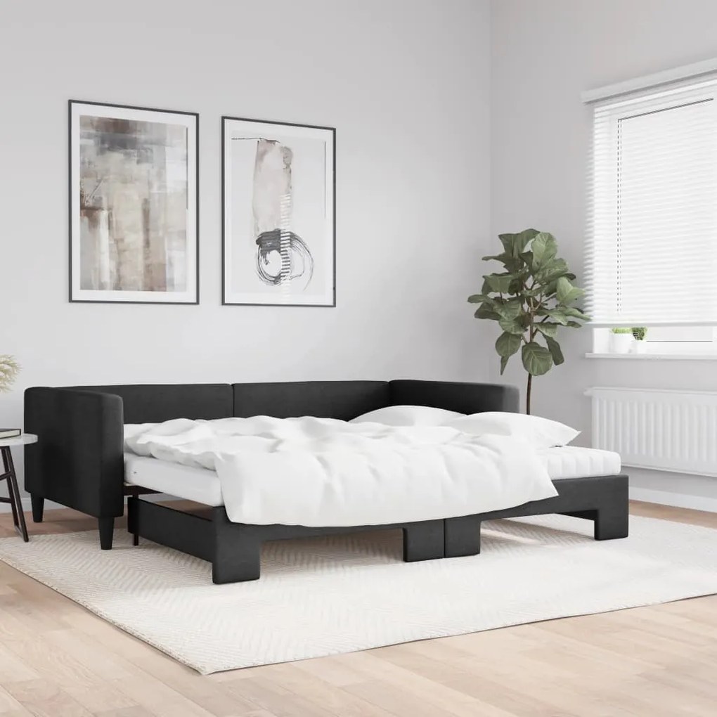 3196603 vidaXL Pat de zi cu extensie și saltele, negru, 100x200 cm, textil