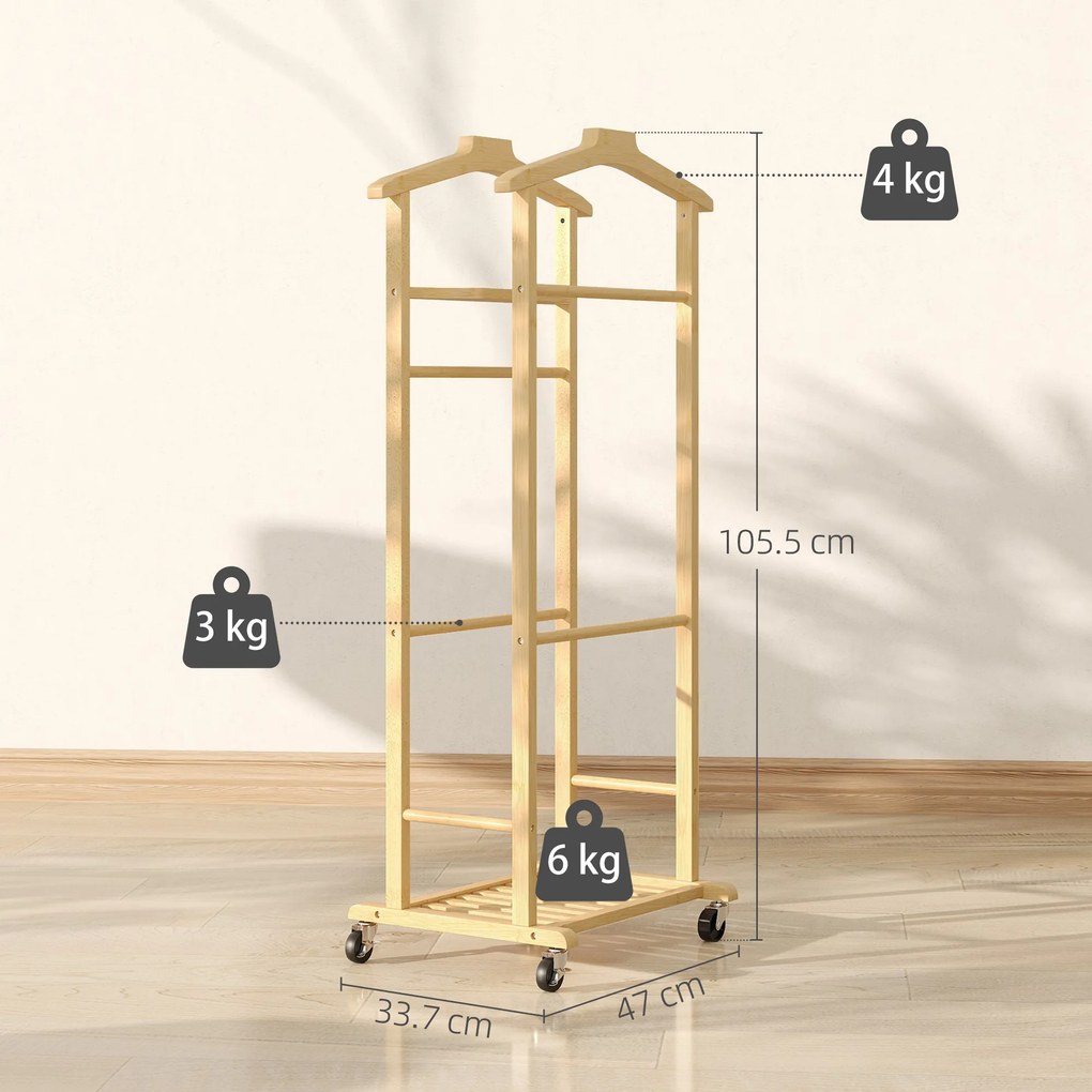 HOMCOM Suport de haine 4 în 1 pe roți din lemn de bambus, 47x33.7x105.5 cm | Aosom Romania