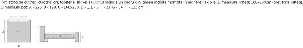 Pat tapitat dormitor , loc saltea 160x200, stofa catifelata gri , cu suport saltea inclus-lamelara fix,  tablie inalta, matlasata cu model , design