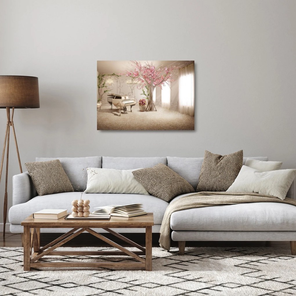 Tablou pe sticlă - Interior de vis cu pian (70x50 cm)