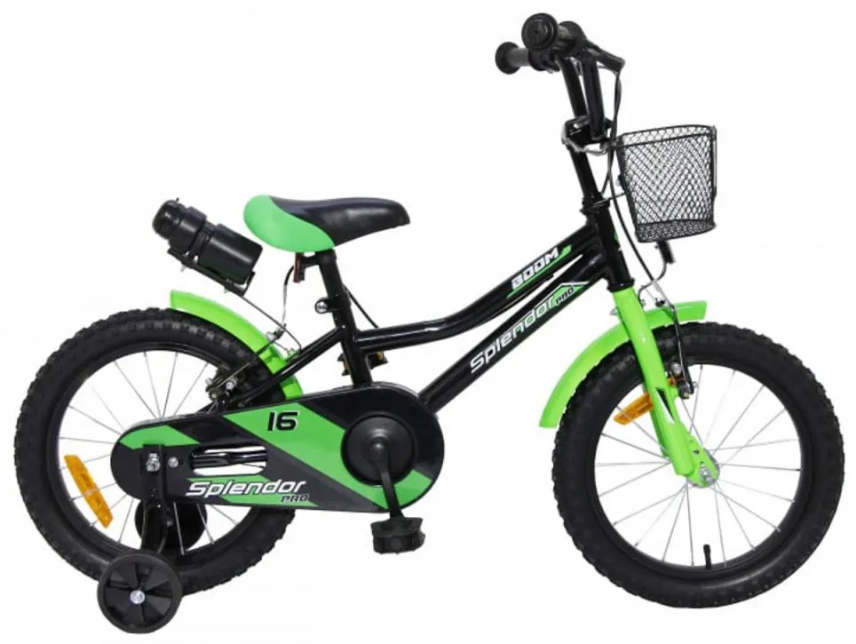 Bicicleta pentru copii NOVOKIDS™ Splend'Or Boom Edition, Cosulet, Roti 16" inch, Max 35 kg, Cadru otel, Roti ajutatoare, Ghidon reglabil, Negru Verde