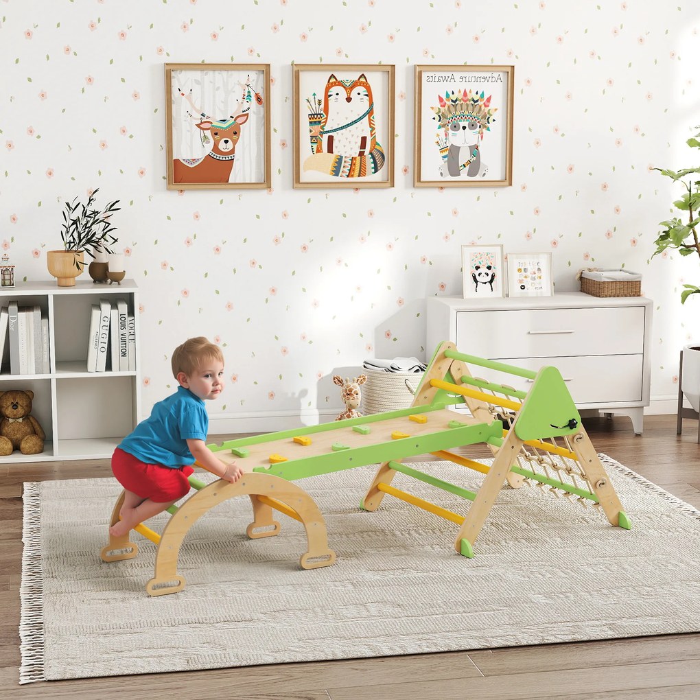 AIYAPLAY Set de Joacă pentru Copii 5 în 1 cu Triunghi, Perete Neted și Arc, din Lemn de Plop și Pin, 191.5x74.5x63 cm | Aosom Romania