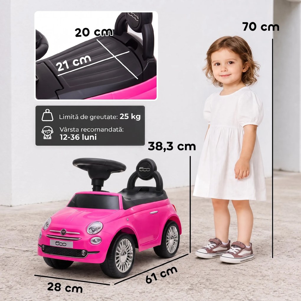 AIYAPLAY Mașinuță de Împins pentru Copii 12-36 Luni, Licență Fiat, cu Muzică, Claxon și Spațiu Depozitare, Roz | Aosom Romania