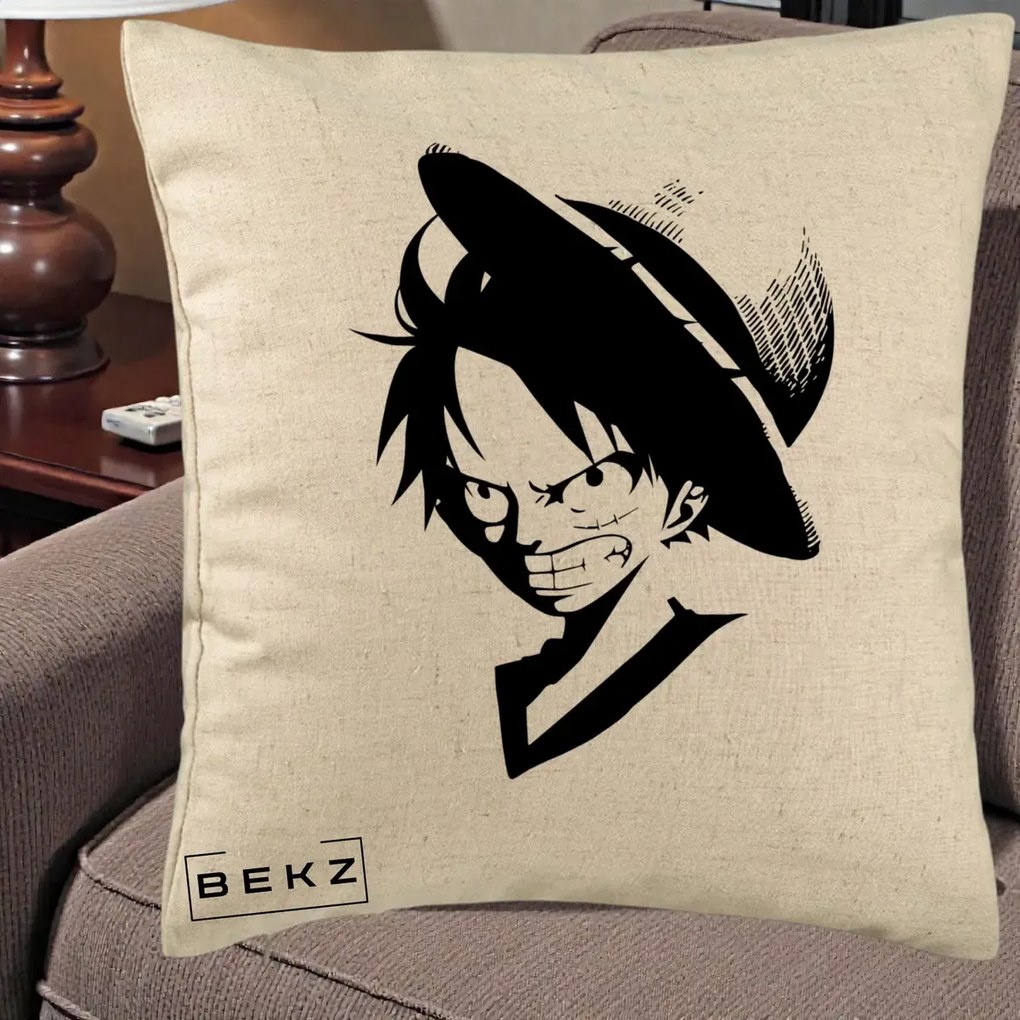 Perna Personalizata One Piece Luffy Silueta Alb-Negru, 40x40 cm, Bej, Husa Detasabila, Perna Inclusa, BEKZ®