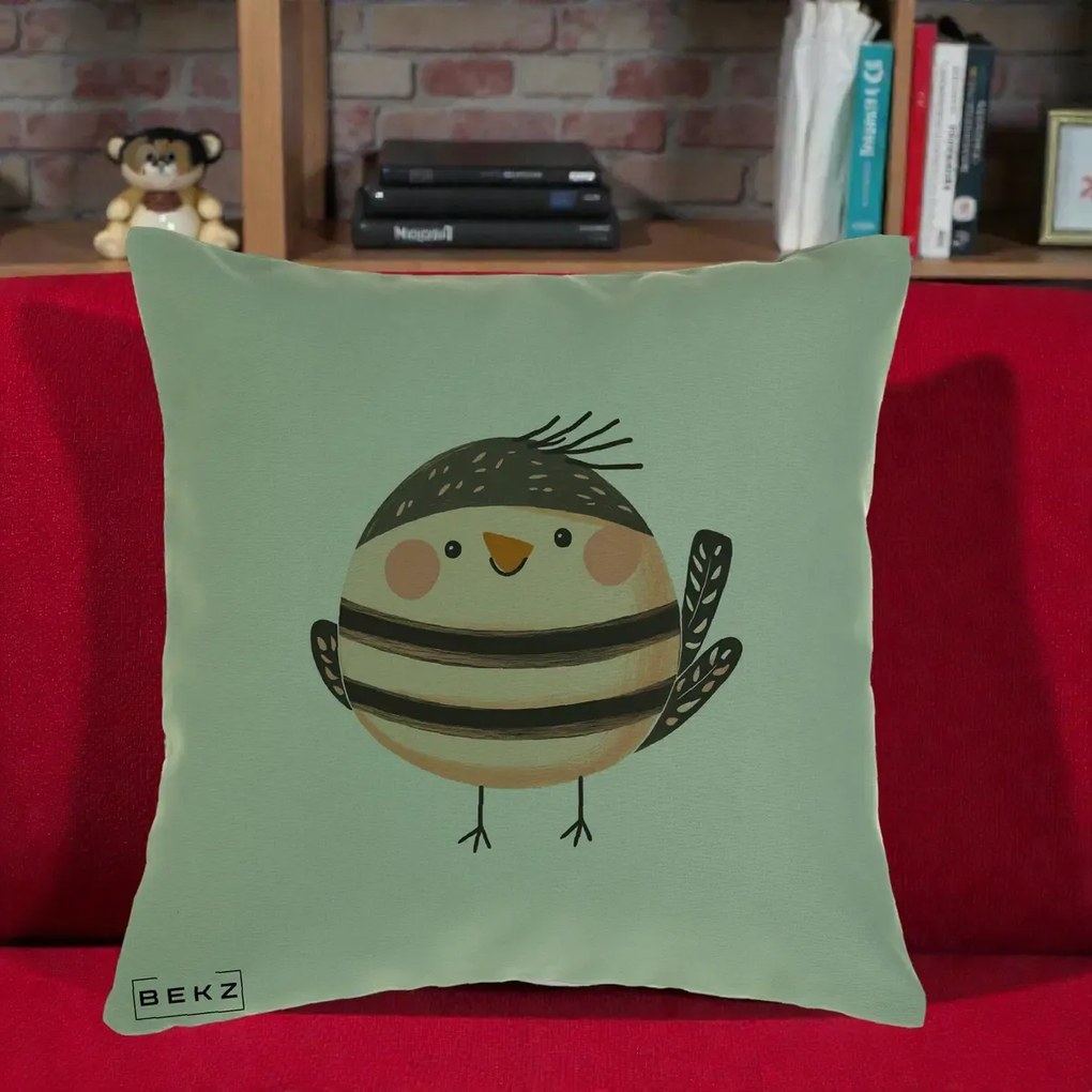 Perna Decorativa Pui Kawaii Bej-Negru Dungat, 40x40 cm, Verde, Husa Detasabila, Perna Inclusa, BEKZ®