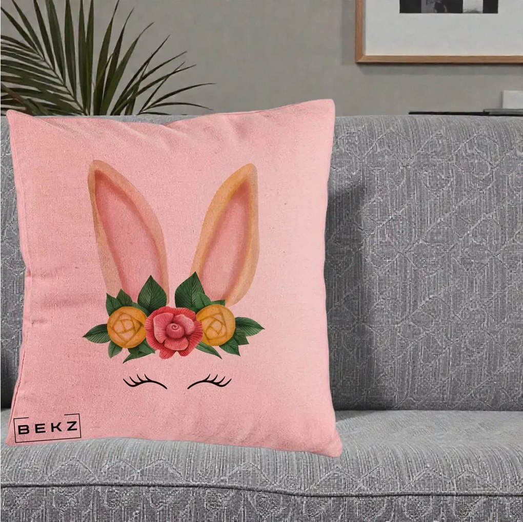 Perna Decorativa Iepuras Flori Urechi Pastelui, 40x40 cm, Roz, Husa Detasabila, Perna Inclusa, BEKZ®