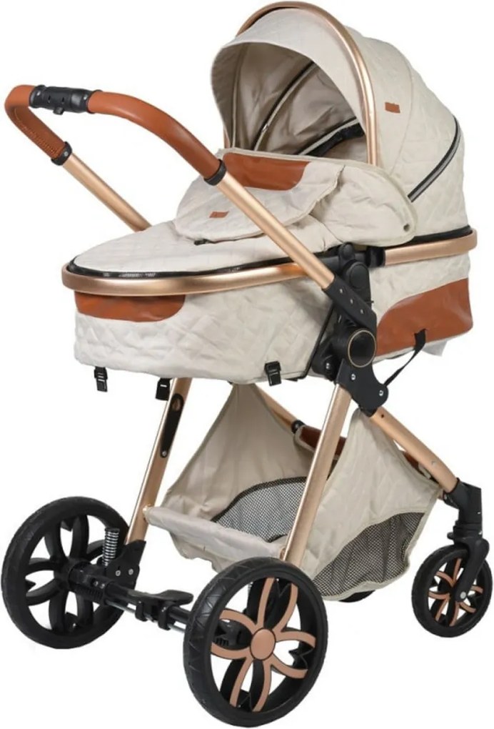 Carucior nou nascuti 2 in 1 NOVOKIDS™ Alma Gold PRO , Cu geanta bebe, Cadru Aluminiu , Amortizoare, Roti din cauciuc plin AVE, Landou, Modul sport,