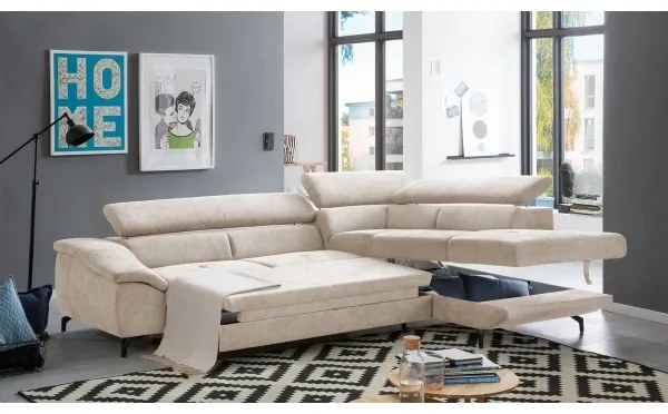 Canapea colțar extensibilă cu spațiu depozitare, model BRESCIA, pe dreapta, bej
