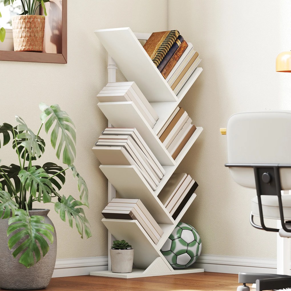 HOMCOM Bibliotecă în Formă de Copac cu 7 Rafturi și Sistem Antivoltaj pentru Sufragerie Dormitor 50x24x109 cm Alb | Aosom Romania