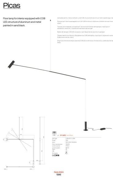 Lampadar LED dimabil Redo 01-2695 PICAS LED/12W/230V negru