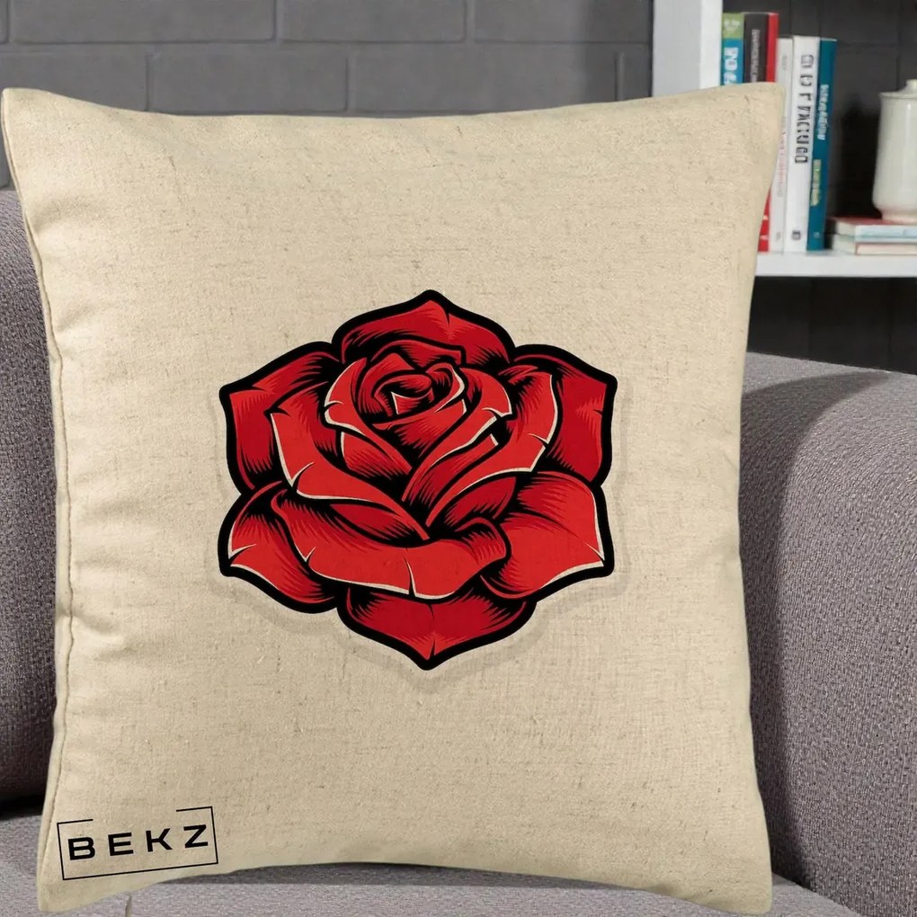 Perna Decorativa Trandafir Rosu Tattoo, 40x40 cm, Bej, Husa Detasabila, Perna Inclusa, BEKZ®