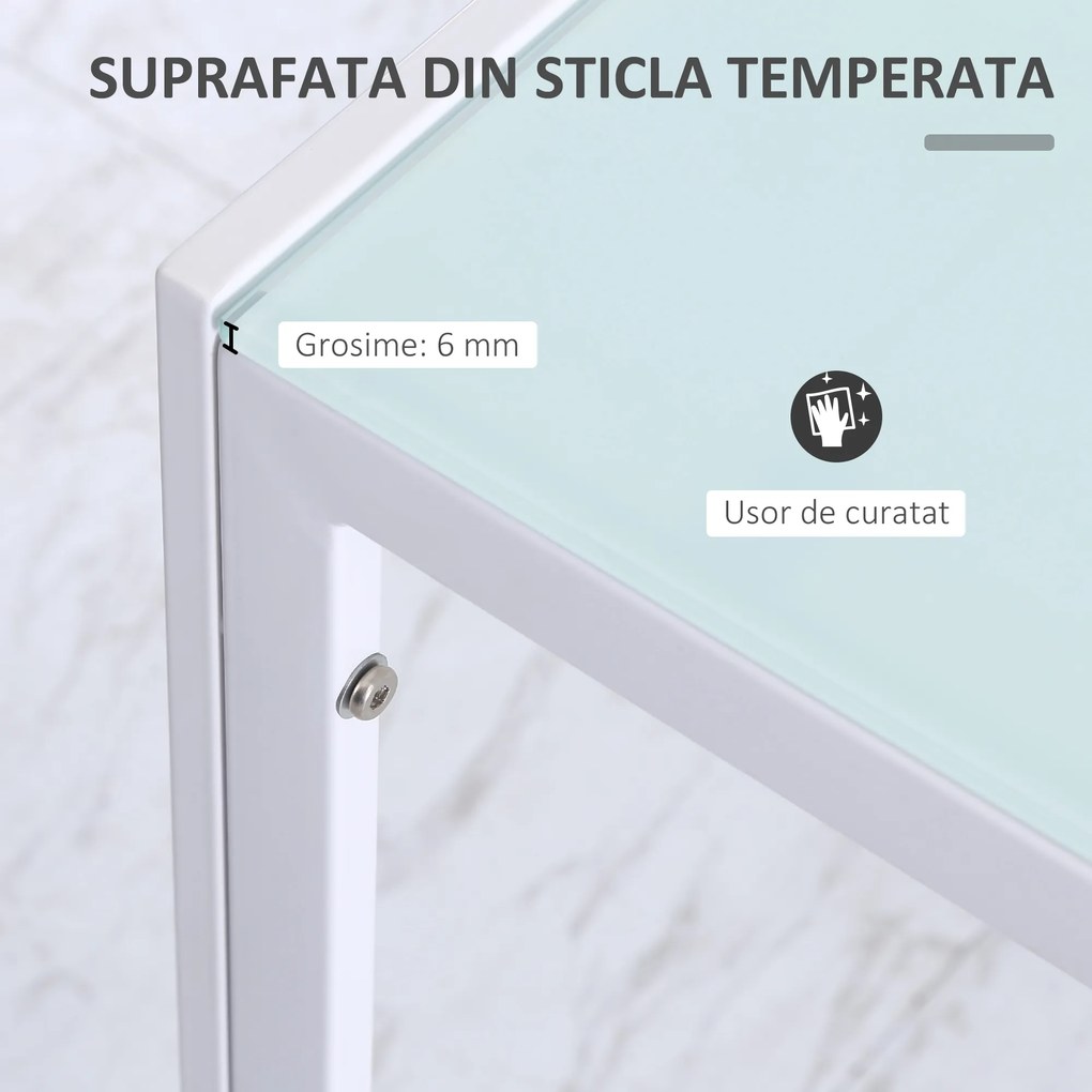 Masa moderna dreptunghiulara pentru bucatarie pentru 4 persoane, blat de sticla, Metal si sticla securizata, alb, 120x60x75cm HOMCOM | Aosom Romania