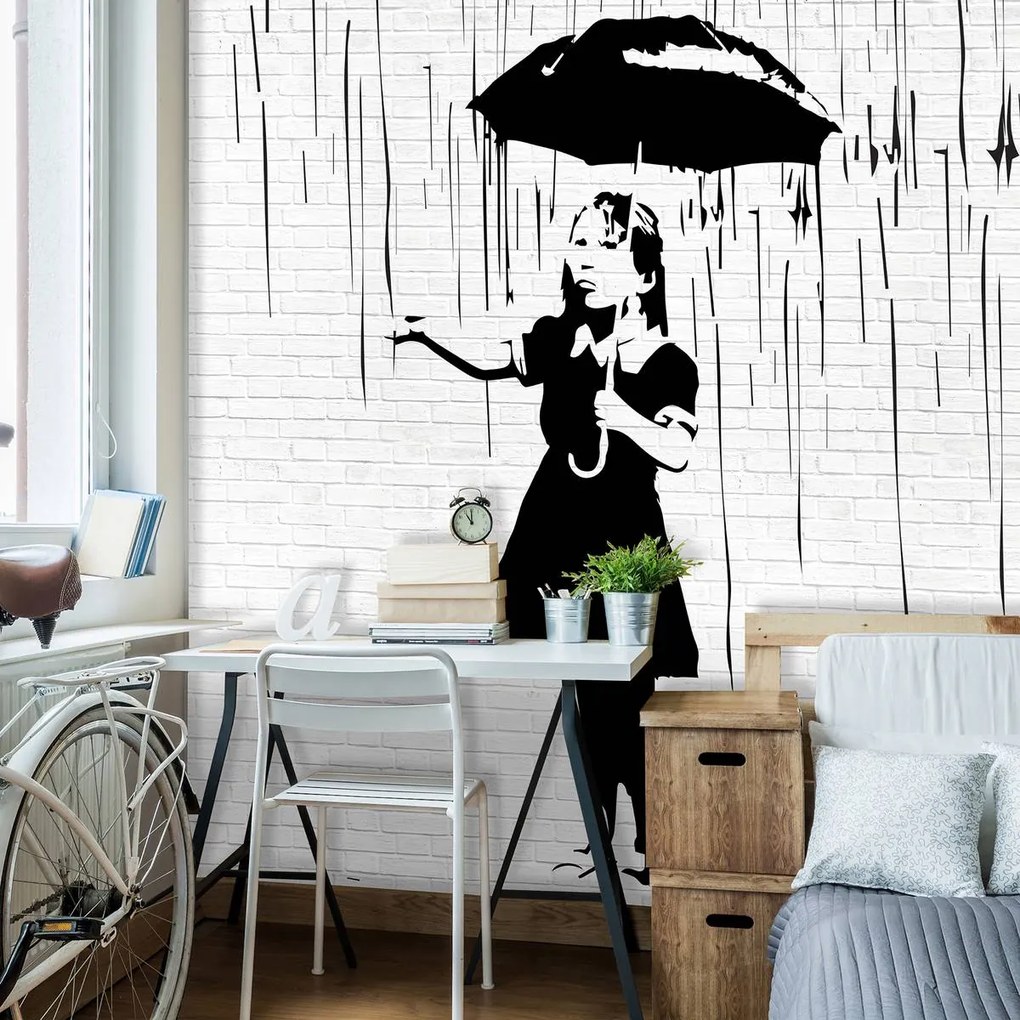 Fototapet - Fata cu umbrelă în ploaie (254x184 cm)
