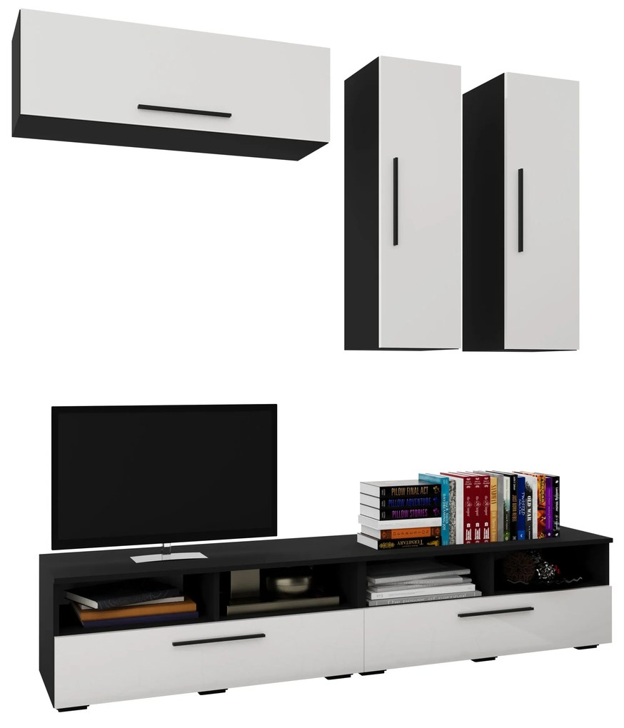 Living Kos V10, Negru/Alb Lucios, MDF, L 190 cm