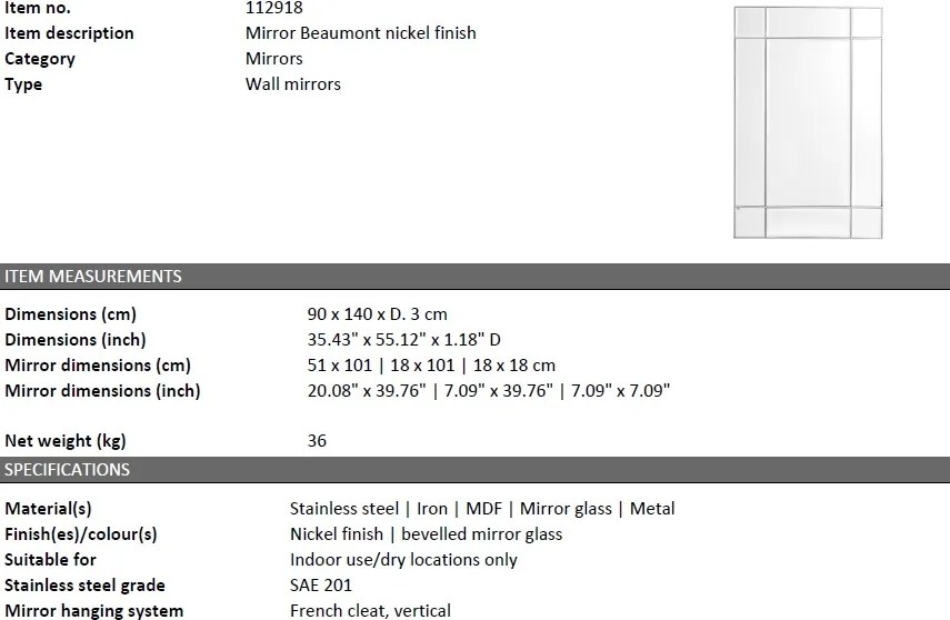 Oglinda decorativa design LUX Beaumont nickel 112918 HZ