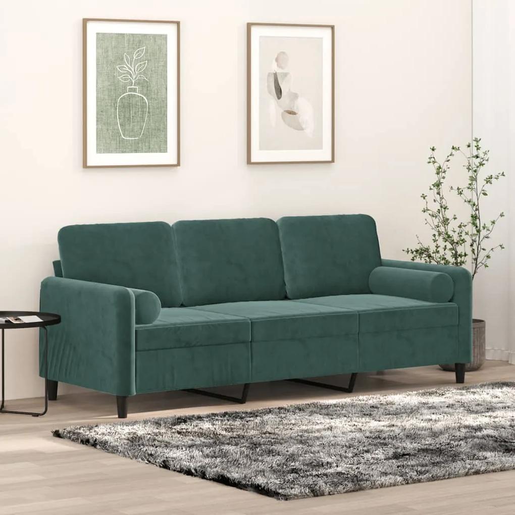 Canapea cu 3 locuri cu pernute, verde inchis, 180 cm, catifea
