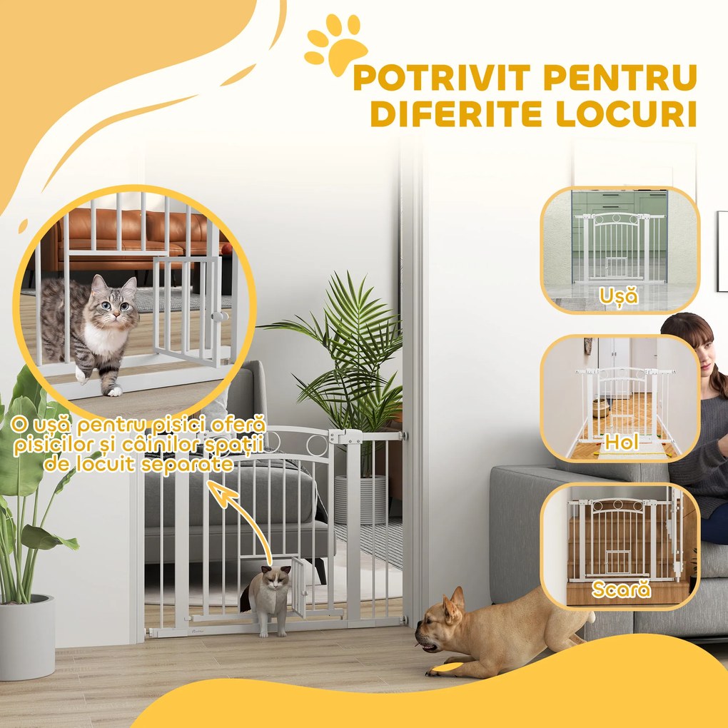 PawHut Barieră de Siguranță Interioară pentru Câini cu 2 Extensii și Ușă pentru Pisici, 76-104x77 cm, Alb | Aosom Romania