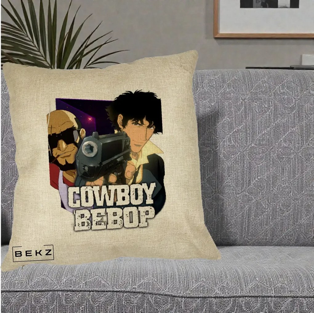 Perna Personalizata Cowboy Bebop Spike si Jet Poster, 40x40 cm, Crem, Husa Detasabila, Perna Inclusa, BEKZ®