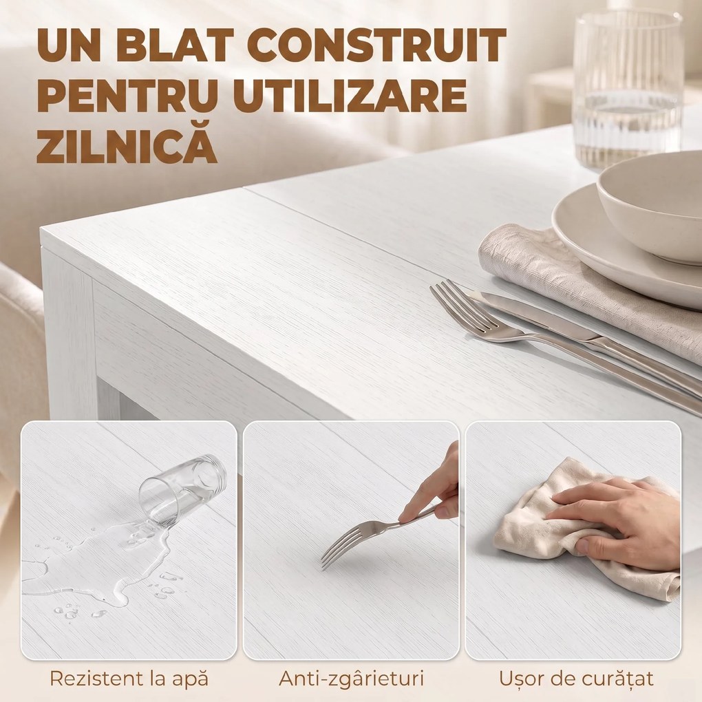 HOMCOM Masă Extensibilă Convertibilă în Consolă pentru 10 Persoane, PAL, Oțel, 240 x 90 x 78 cm, Alb | Aosom Romania