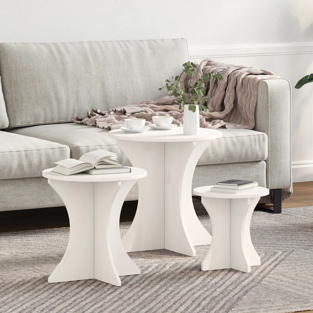 vidaXL Masă de cafea 3 pcs Alb 46 x 46 x 47 cm Lemn masiv de pin