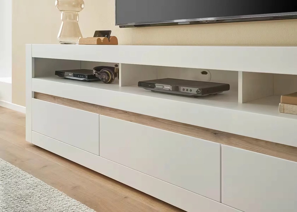 Comodă TV, în stil modern, culoare albă, fronturi MDF, 217 cm lungime