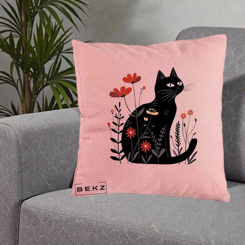 Perna Decorativa Pisica Neagra Flori Rosii Folk, 40x40 cm, Roz, Husa Detasabila, Perna Inclusa, BEKZ®
