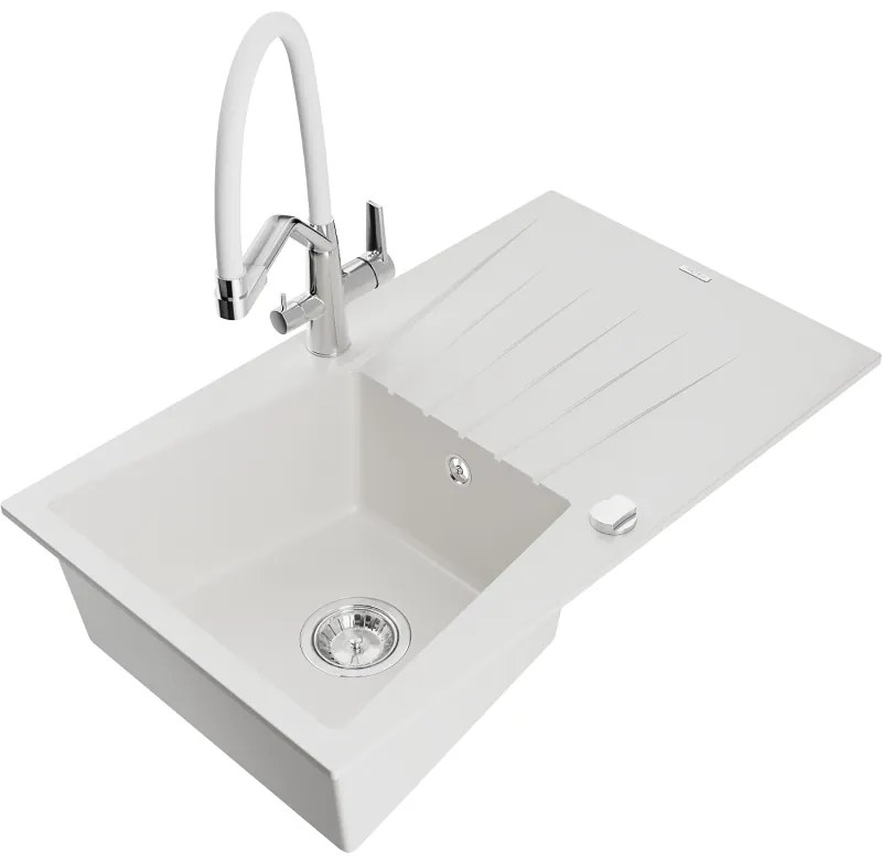 Mexen Cesar chiuvetă de granit cu un compartiment, cu picurător și baterie de bucătărie Duo, Albă - 6514-20-671701-02