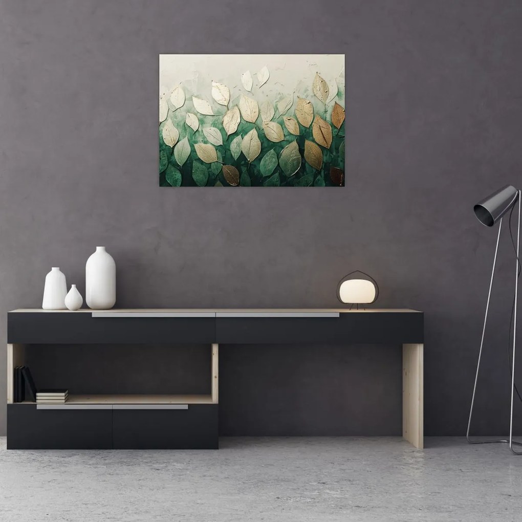 Tablou pe sticlă - Frunze verzi-aurii (70x50 cm)