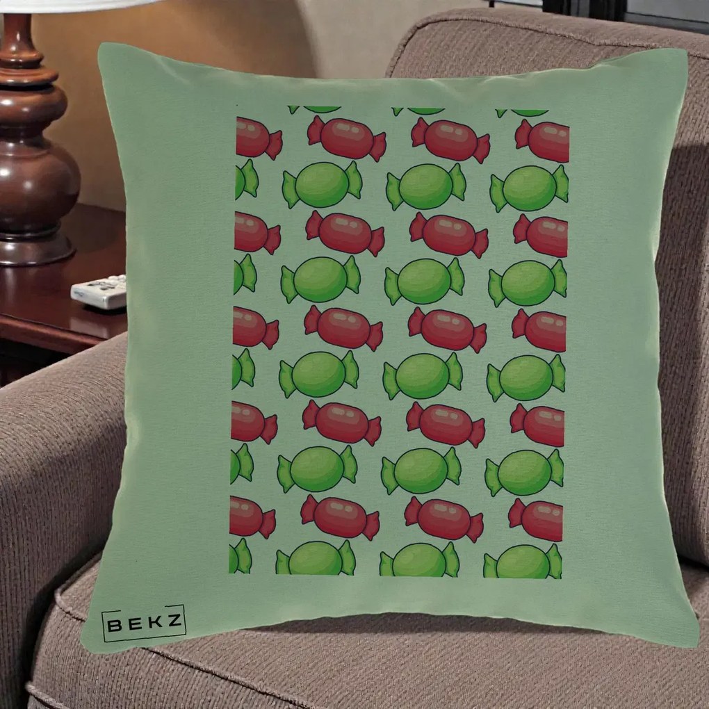 Perna Decorativa Bomboane Craciun Pattern, 40x40 cm, Verde, Husa Detasabila, Perna Inclusa, BEKZ®