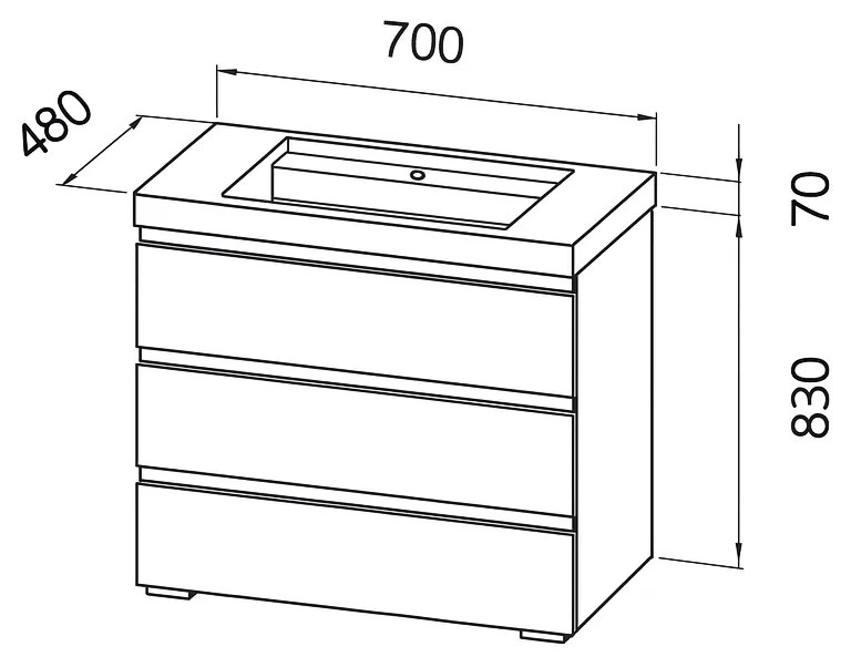 Set mobilier cu lavoar inclus 70 cm, 3 sertare cu soft-close, gri deschis, Kolpasan, Harmony