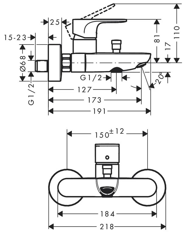 Baterie pentru dus Hansgrohe, Rebris S, negru mat