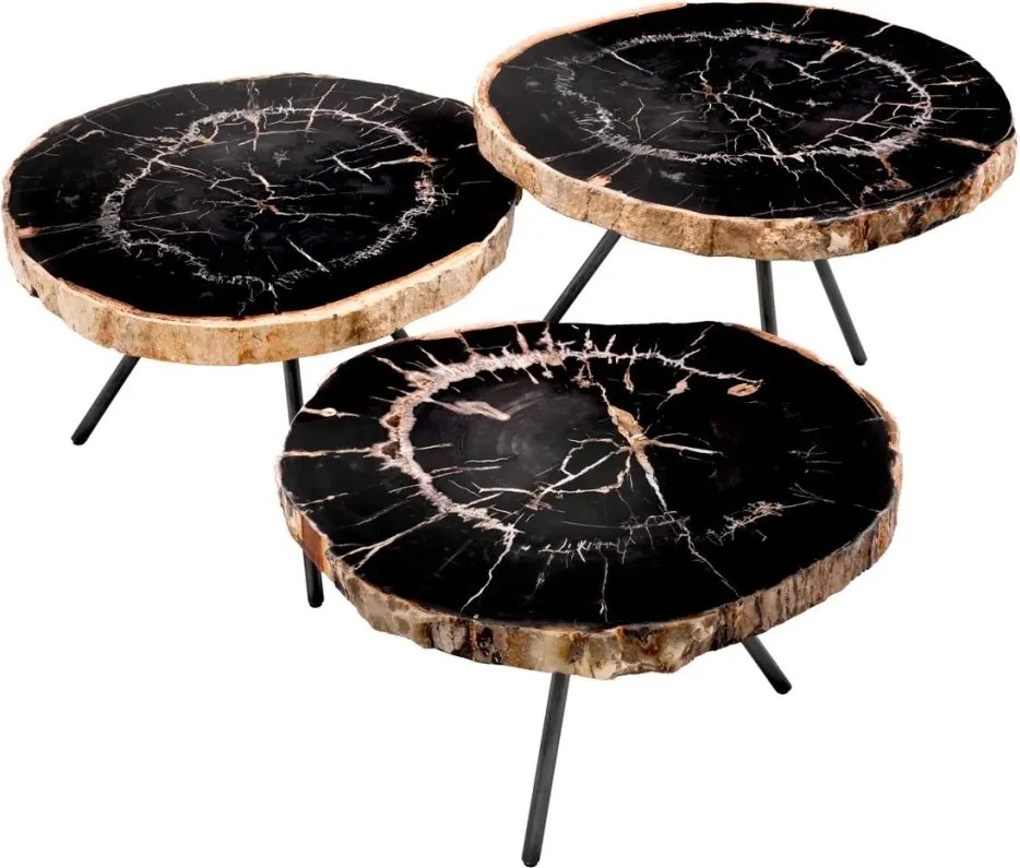 Set de 3 masute de cafea design LUX De Soto cu blat din lemn pietrificat 111465 HZ
