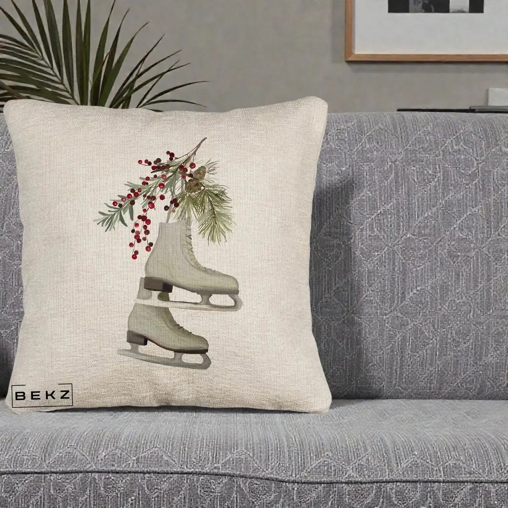 Perna Decorativa Patine cu Ramuri de Brad si Afine, 40x40 cm, Bej Canapea, Husa Detasabila, Perna Inclusa, BEKZ®