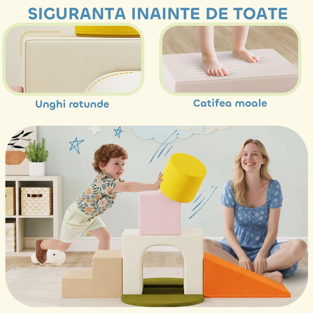 AIYAPLAY Set 8 Construcții Moi pentru Copii 0-3 Ani de Interior, din Catifea și Spumă PU Portocaliu | Aosom Romania