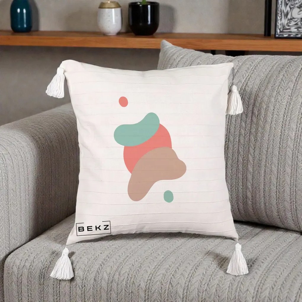 Perna Decorativa Abstract Forme Fluide Coral, 40x40 cm, Bej cu Franjuri, Husa Detasabila, Perna Inclusa, BEKZ®