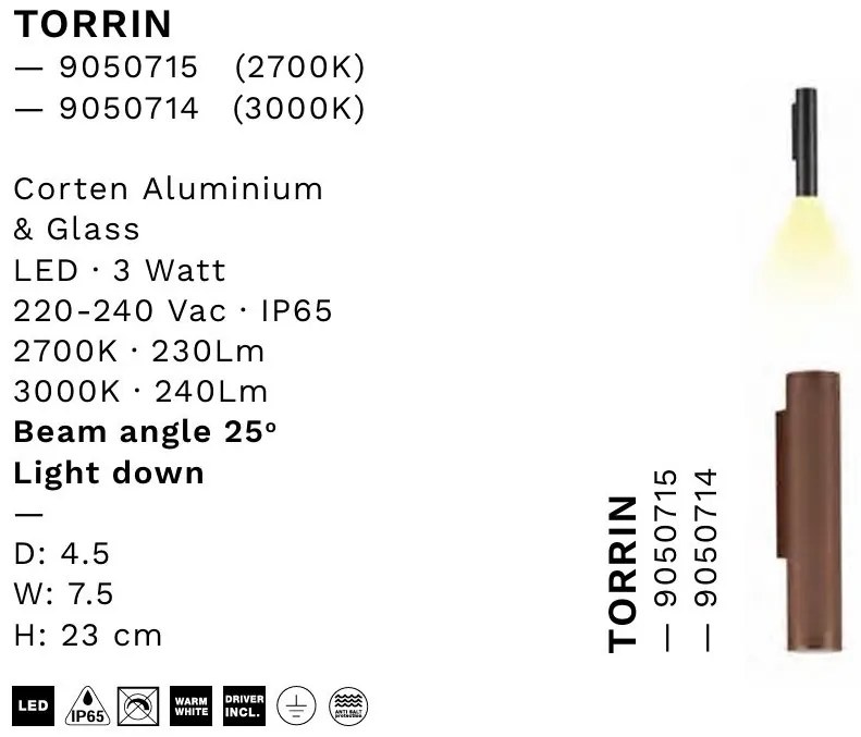 Aplica exterior cu iluminat jos LED 2700K IP65 TORRIN corten